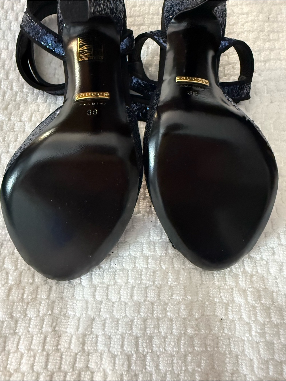 Gucci Blue Glitter Open-Toe Ankle-Strap Heels - Picture 6 of 9